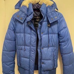 Blue American Eagle hooded puffer in size XS.